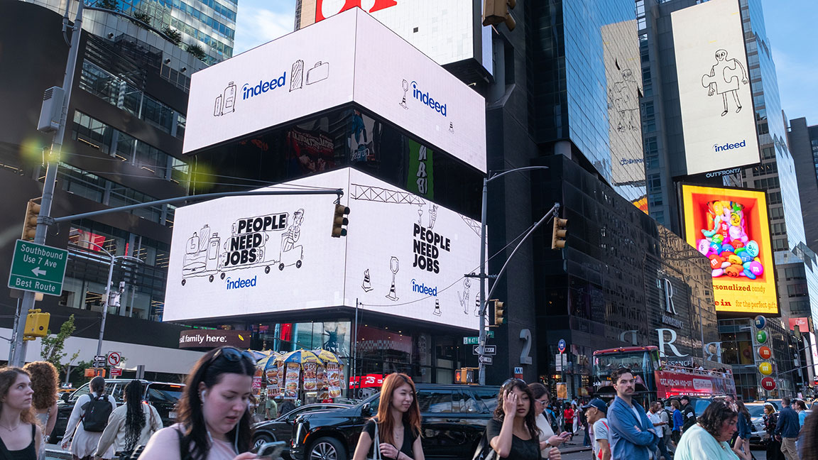 Indeed digital billboard on The Cube at 2 Times Square