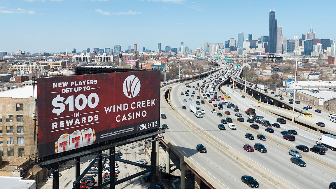 Wind Creek Casino billboard overlooking Kennedy Expressway in Chicago