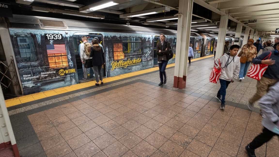 Yellowjackets wrapped Times Square subway shuttle