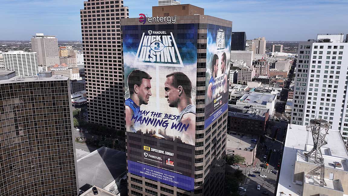 FanDuel Kick of Destiny 3 building wrap in New Orleans for Super Bowl LIX