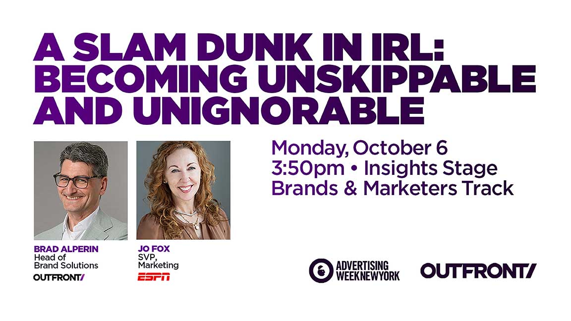 Promo graphic for OUTFRONT x ESPN session at Advertising Week New York at the Insights Stage on Monday, October 6 at 3:50 PM