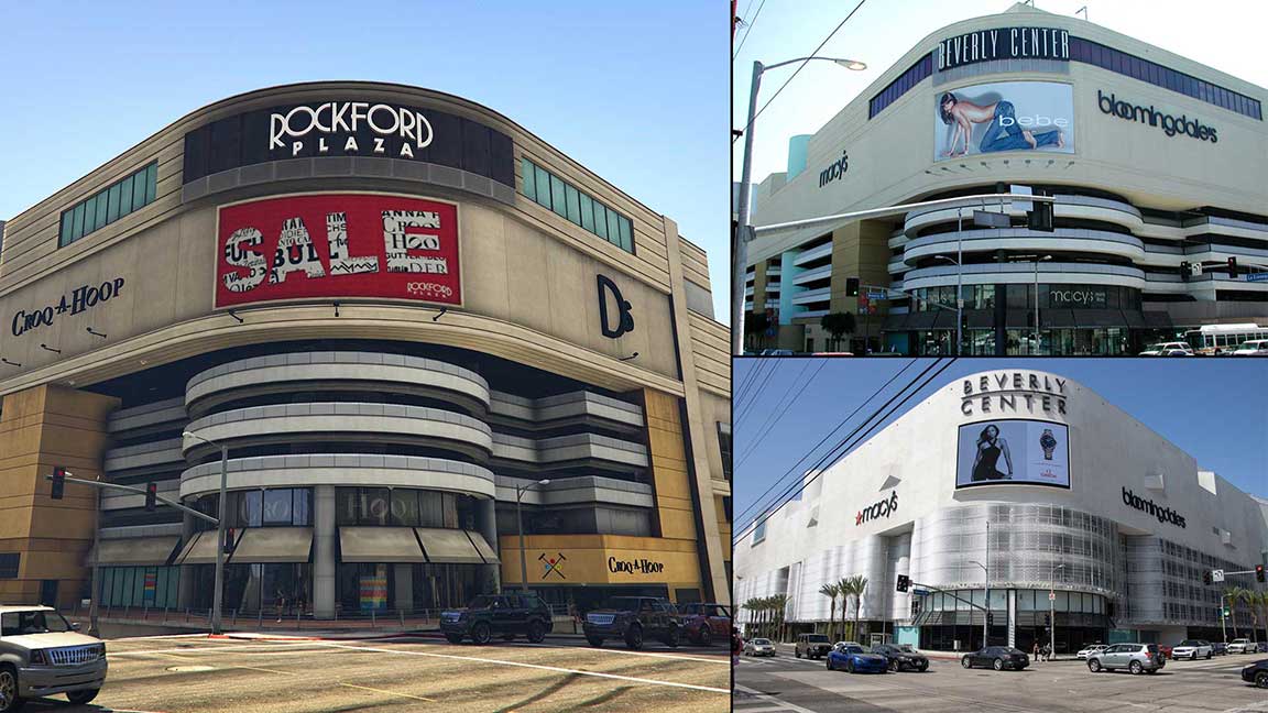 Rockford Plaza in GTA V and its real-world Los Angeles inspiration, Beverly Center