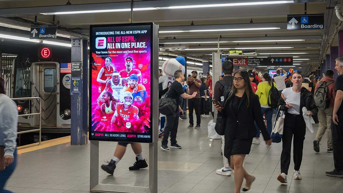 Digital Liveboard on subway platform at World Trade Center station