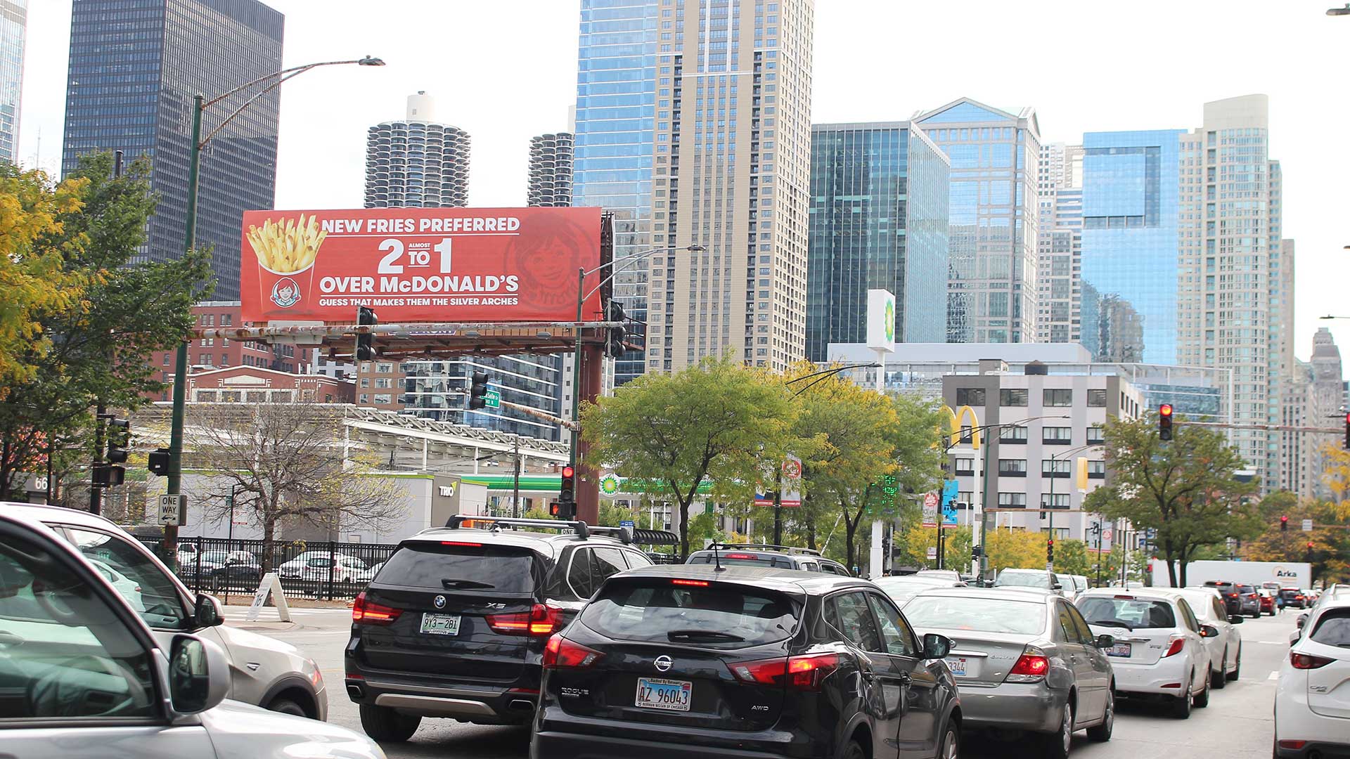 Wendy’s bulletin in Chicago outside McDonald’s HQ saying new fries preferred 2 to 1