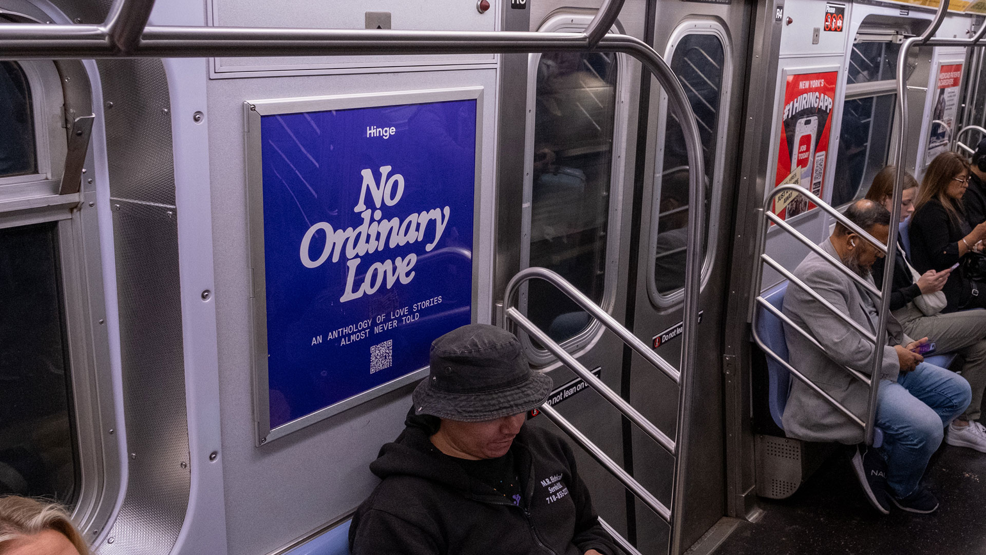 Hinge’s 2024 “No Ordinary Love” campaign on New York City Subway car card