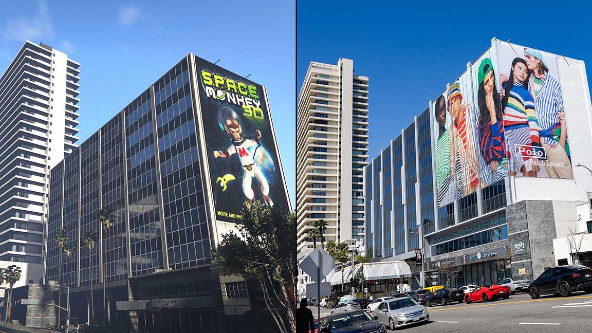 GTA V wallscape in West Vinewood and its real-life equivalent on the Sunset Strip