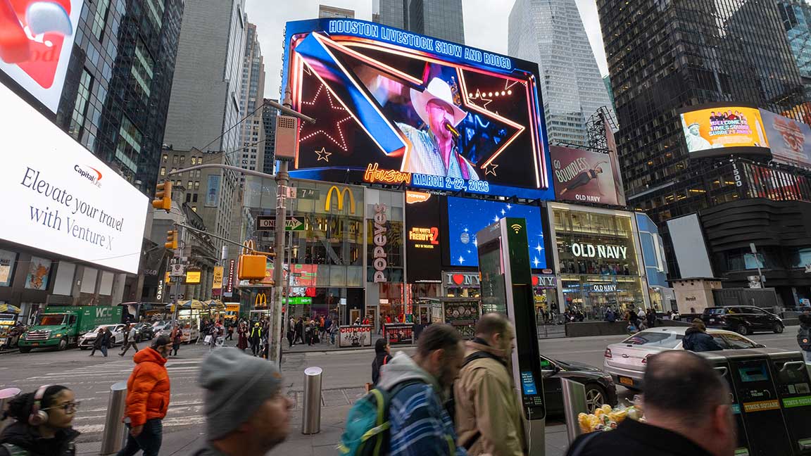 RODEOHOUSTON digital out of home ad in Times Square, New York City, with 3D anamorphic creative