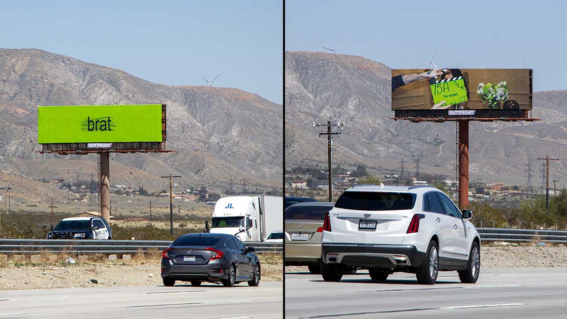 Charli XCX billboard with brat crossed out, and another billboard of hers, near Coachella