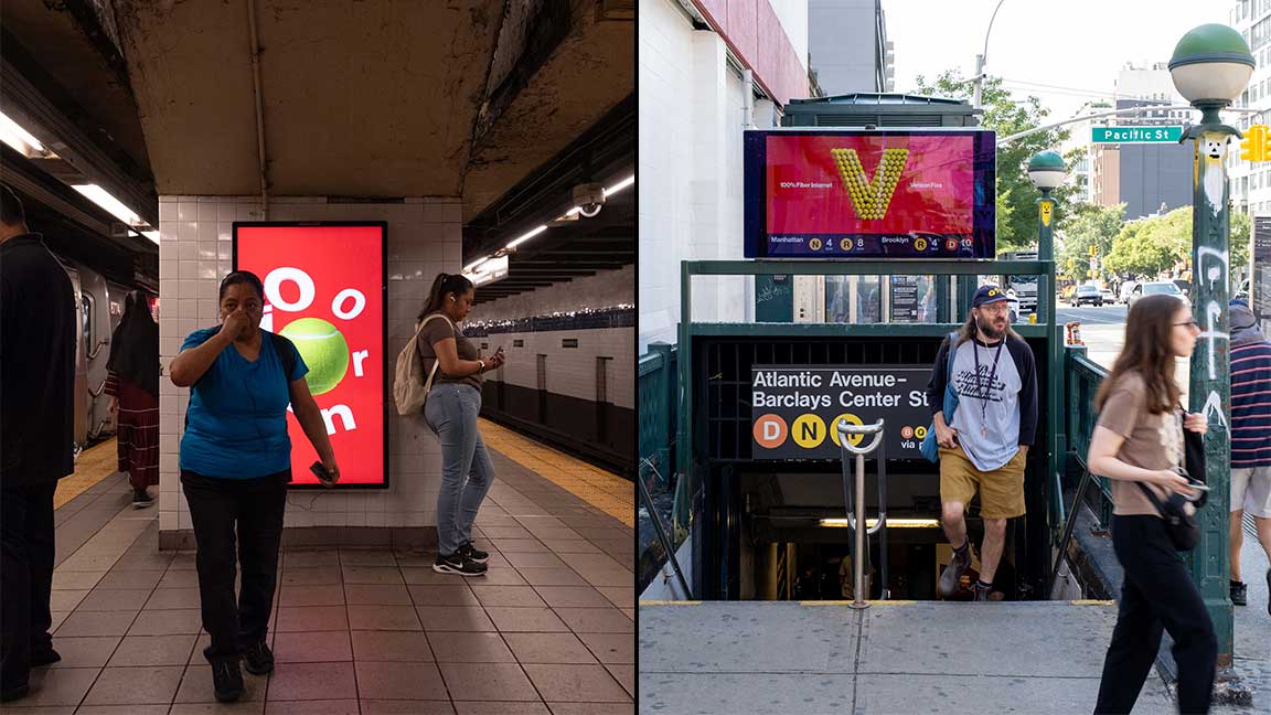 Tennis-themed Verizon DOOH ad on Subway Liveboard and Digital Urban Panel