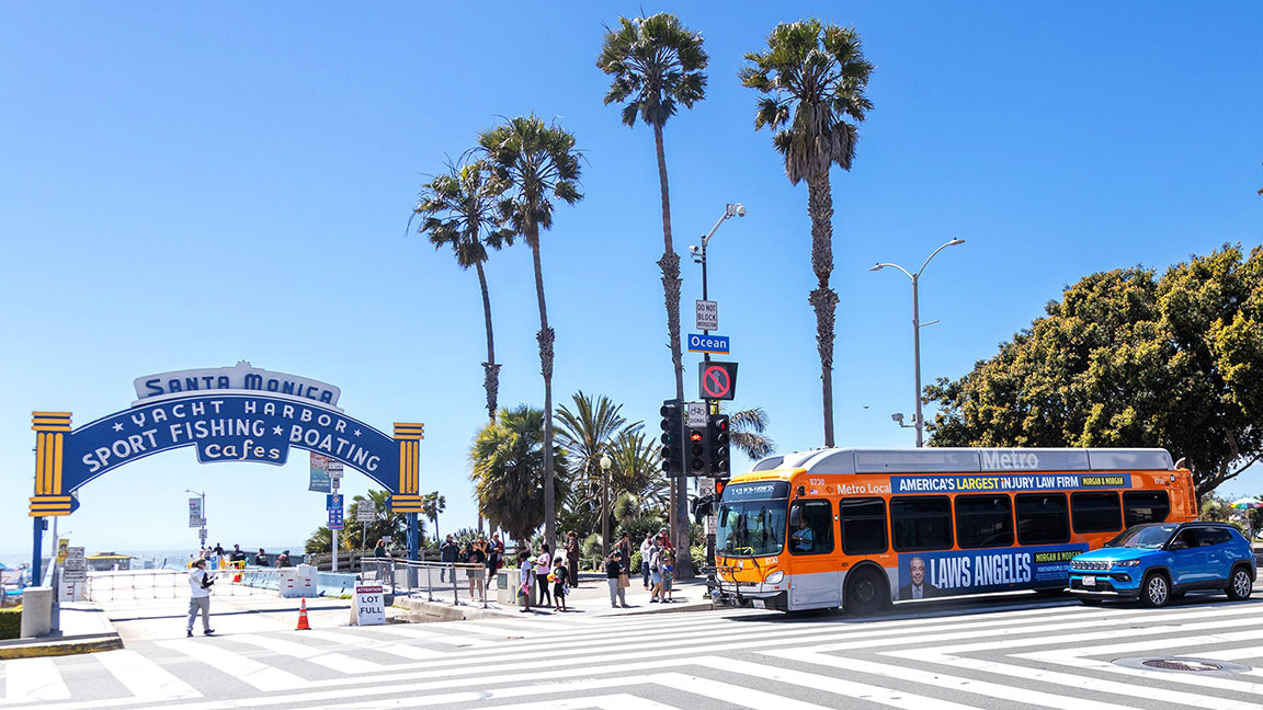 Morgan & Morgan king sized ad on side of Los Angeles Metro bus in Santa Monica