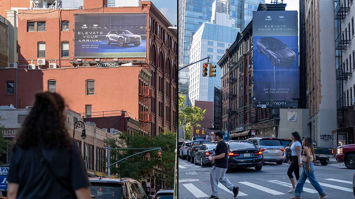 GM ad for Cadillac on wallscape and billboard in New York City
