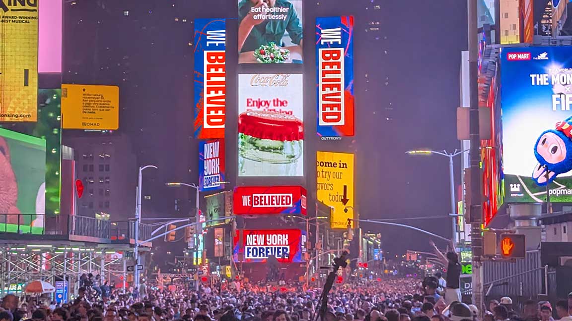 Fans celebrate the New York Knicks’ championship victory in Times Square
