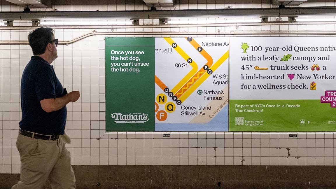 Nathan’s Famous ad that says “Once you see the hot dog, you can’t unsee it”. The hot dog is made by the N, F, and Q subway lines converging on the map right in front of the original Nathan’s Famous location on Coney Island.