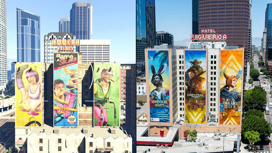 The Hookah Palace wallscape in GTA V and its real-life inspiration, the Hotel Figueroa in Los Angeles, with a Final Fantasy creative
