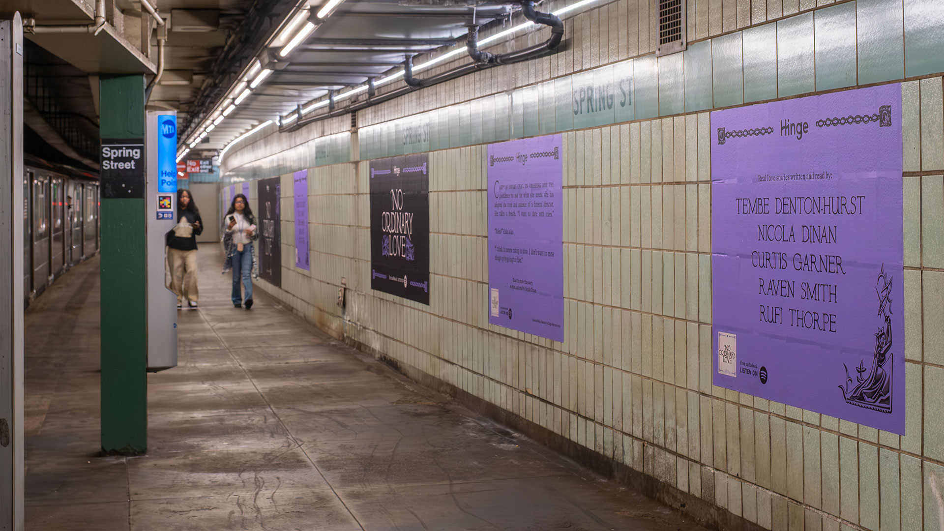 Hinge’s 2026 “No Ordinary Love” campaign posters on Spring Street NYC Subway platform