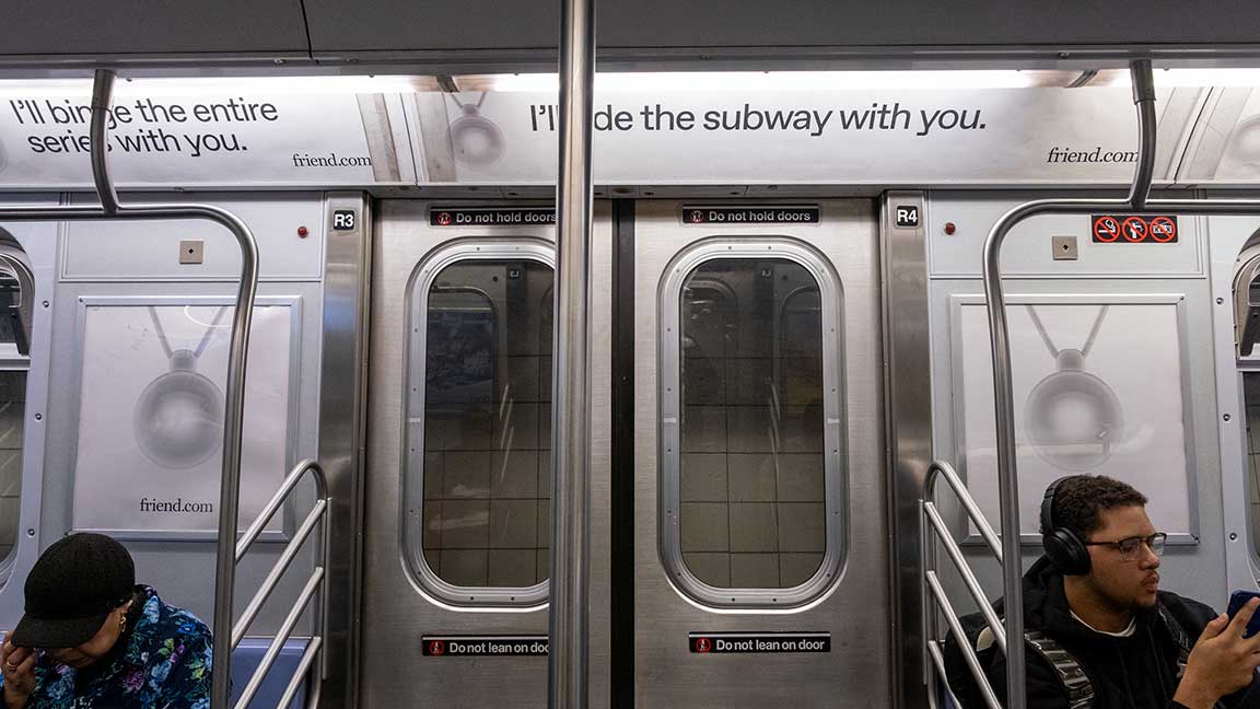 Brand Train interior advertisement for AI wearable brand Friend