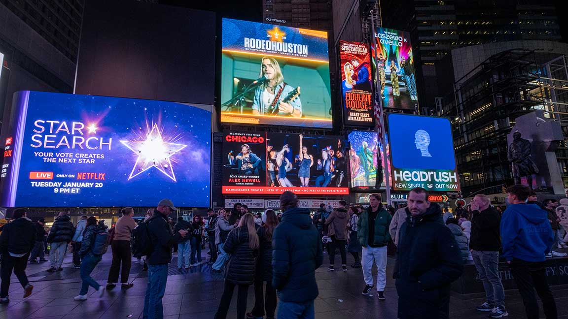 RODEOHOUSTON digital out of home ad in Times Square, New York City, revealing entertainer lineup