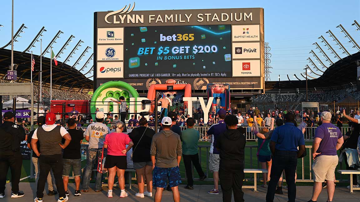 Bet365 ad on digital bulletin at Lynn Family Stadium in Louisville
