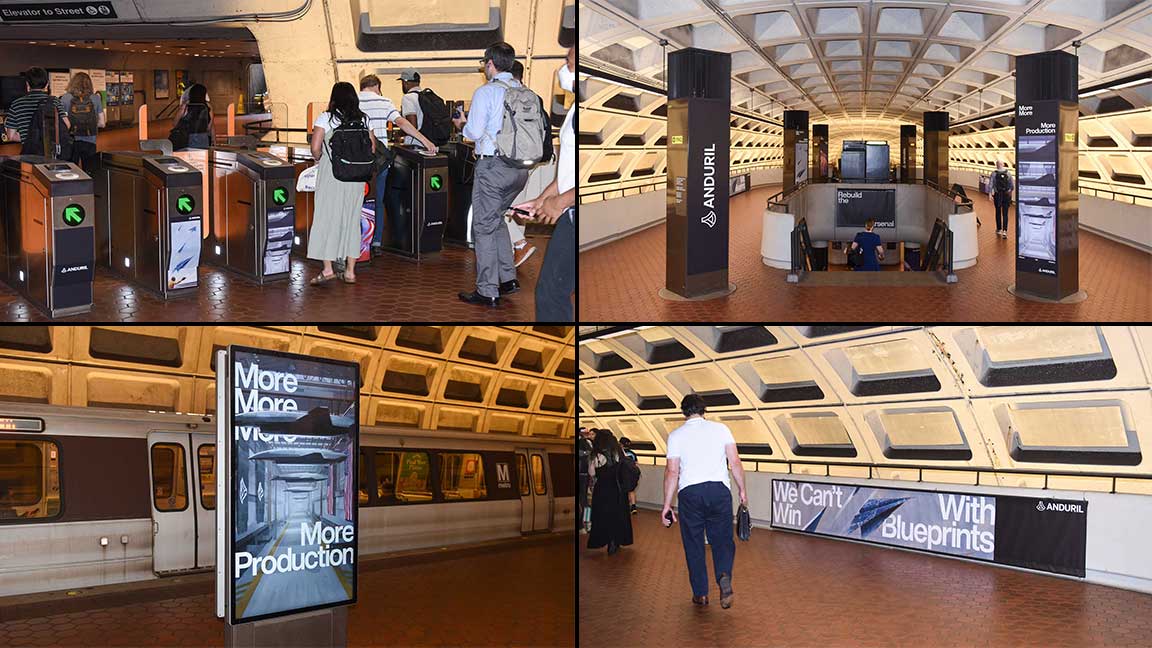 Composite of Anduril Industries Capitol South station domination OOH media