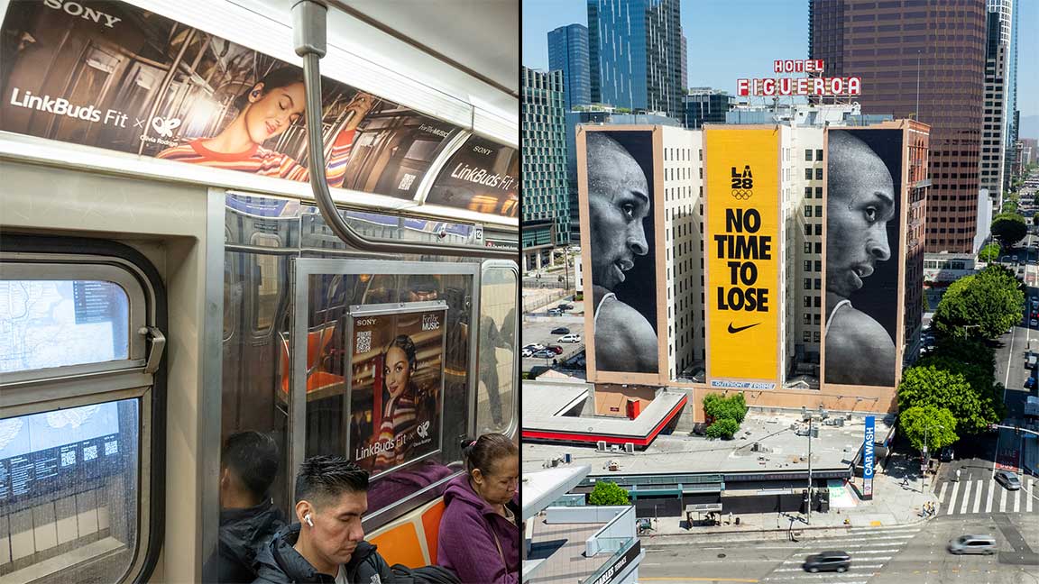 sony x olivia rodrigo subway campaign and Nike x Kobe Bryant on Los Angeles wallscape