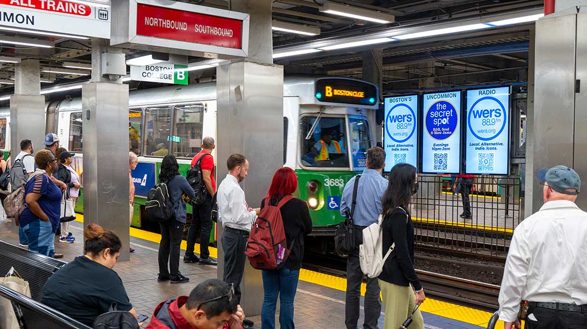 WERS 88.9 radio station ad on Boston subway triptych