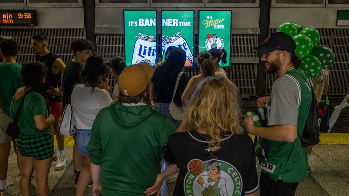 Miller Lite DOOH ad on Boston Liveboard triptych