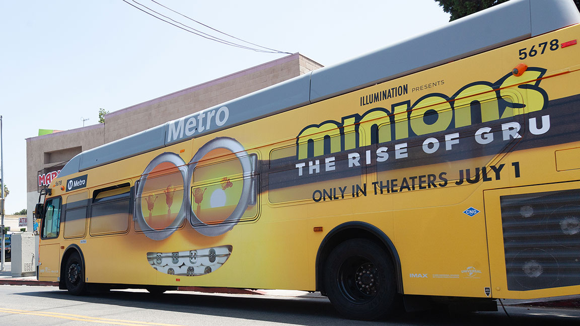 Minions bus wrap advertisement on Los Angeles Metro bus