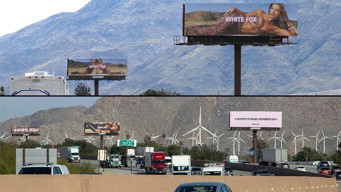 five sequential White Fox billboards near Coachella