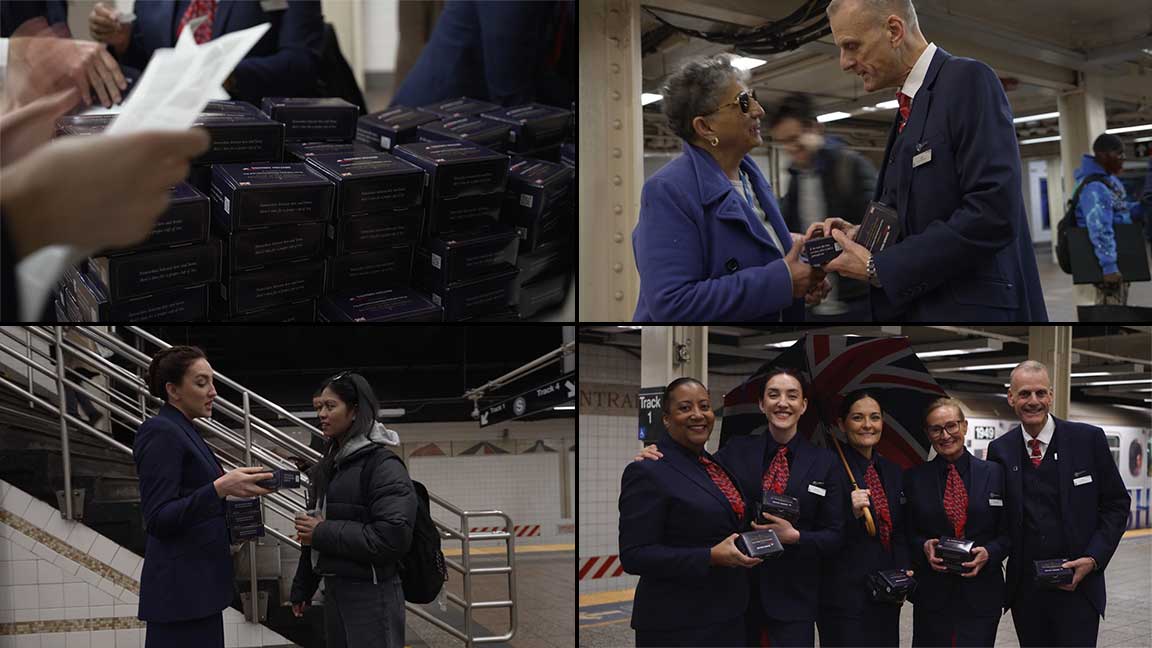 Collage of British Airways cabin crew handing out afternoon tea kits at NYC brand activation