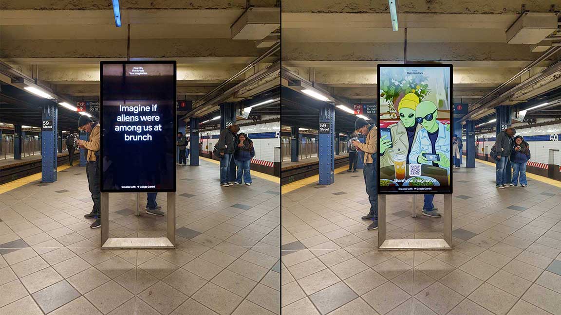 Google DeepMind x OUTFRONT - “Imagine If” AI-generated artwork of aliens among us at brunch