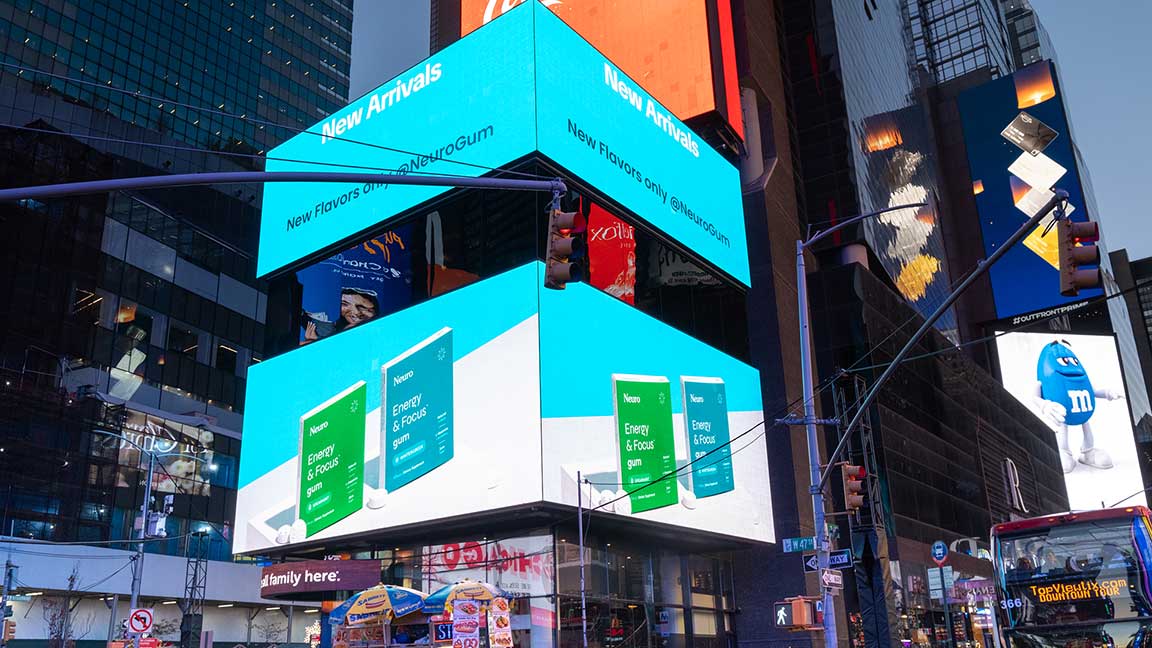 Neuro advertises new functional gum products on The Cube at 2 Times Square digital billboard
