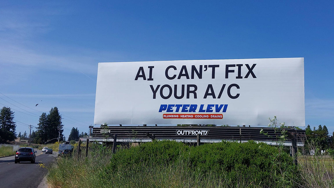 Peter Levi billboard with “AI Can’t Fix Your A/C” tagline