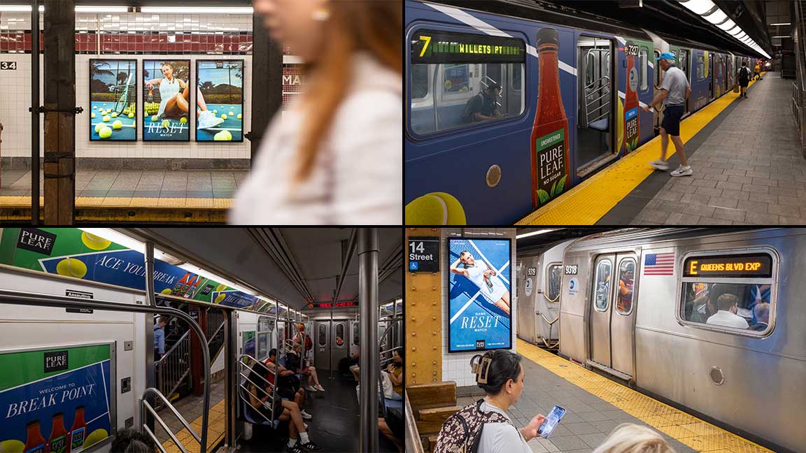 Pure Leaf campaign on Subway wrap, brand train, and Digital Liveboards