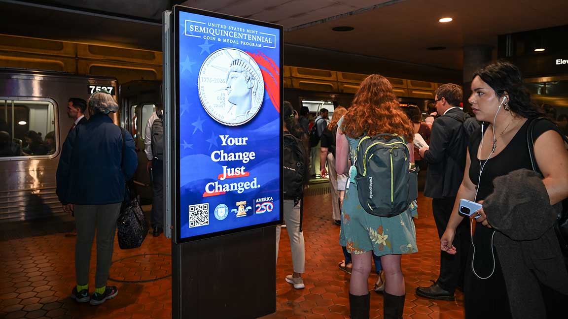 U.S. Mint ad on Digital Liveboard inside Washington, D.C. Metrorail station