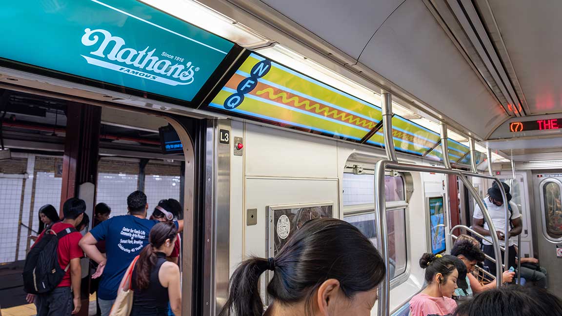 Nathan’s Famous Livecard MAX digital out of home advertisement on NYC Subway