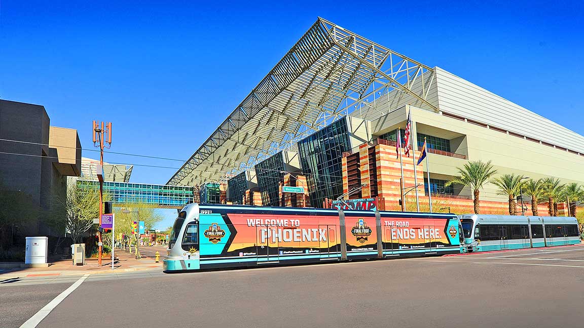 Wrapped train on Valley Metro light rail advertising NCAA Final Four in Phoenix
