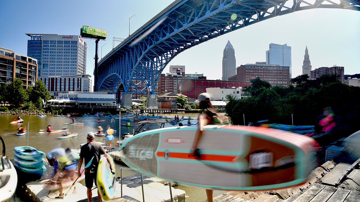 Billboard alongside bridge over Cuyahoga River in Cleveland