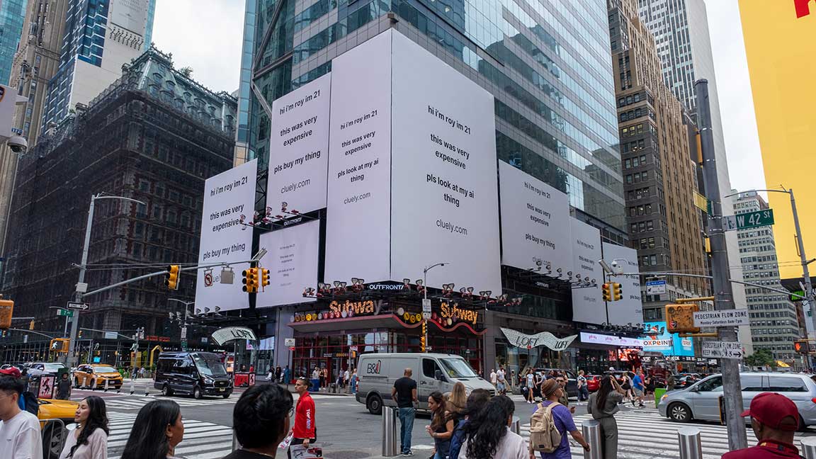 Cluely IRL out of home ad on Times Square Tower
