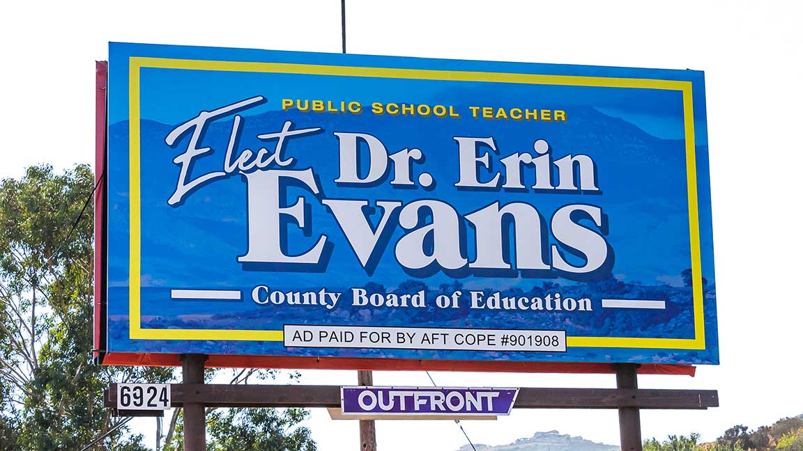 School board candidate ad on San Diego poster, designed by STUDIOS