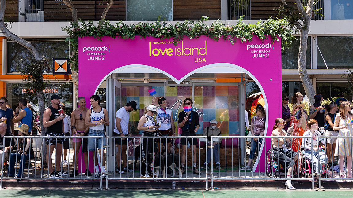 Peacock ad for Love Island on West Hollywood wrapped shelter