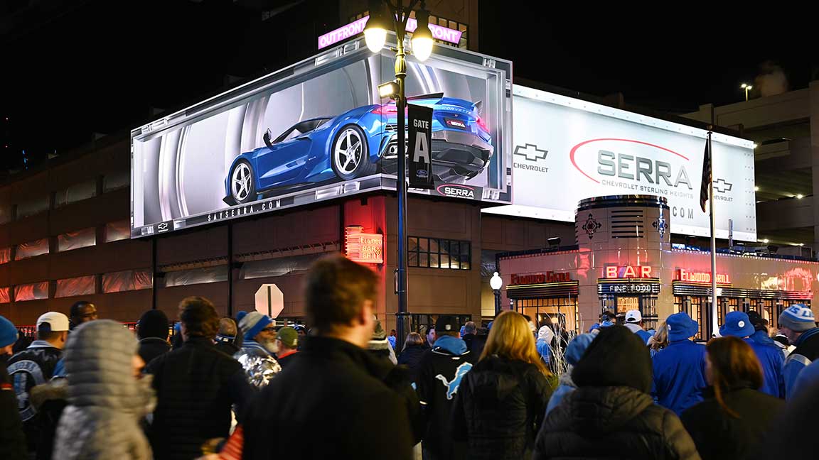 OUTFRONT XScape spatial DOOH 3D billboard creative advertisement in Detroit from Serra Chevrolet Sterling Heights