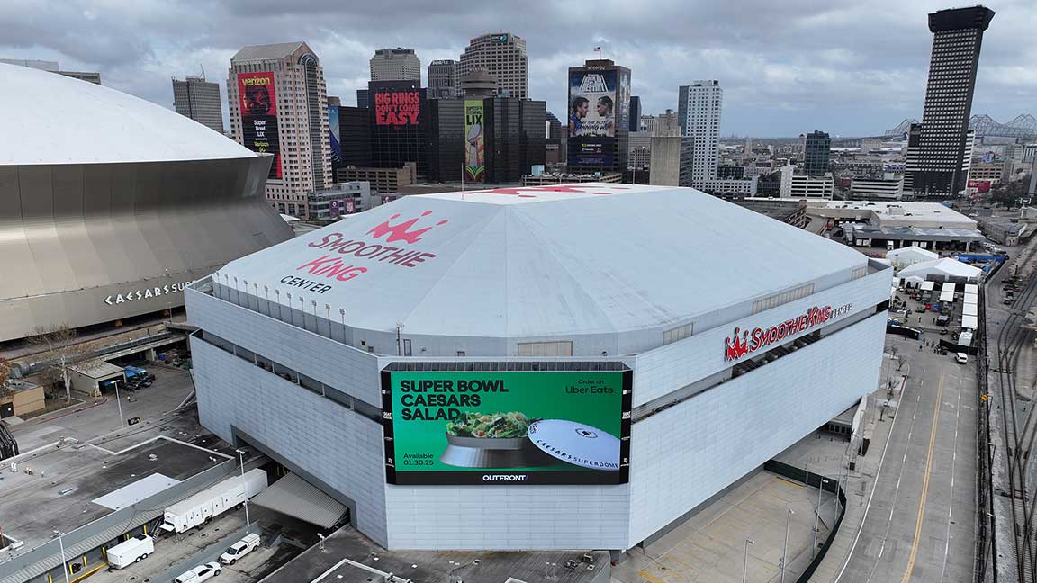 Uber Eats ad on Smoothie King Center in New Orleans for Super Bowl LIX
