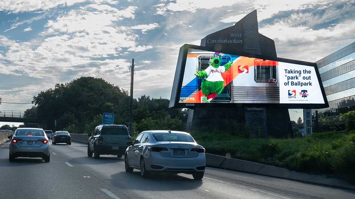 Digital billboard in Philadelphia for SEPTA featuring the Phillie Phanatic