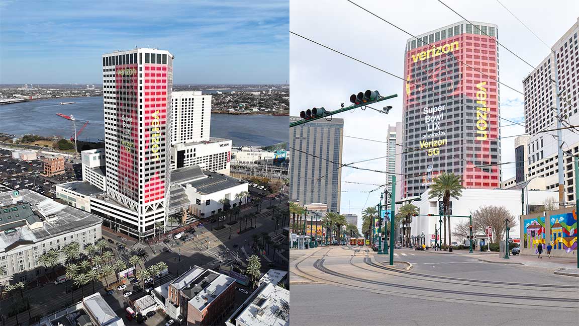 Multi-façade Verizon building wrap advertisement in New Orleans for Super Bowl LIX