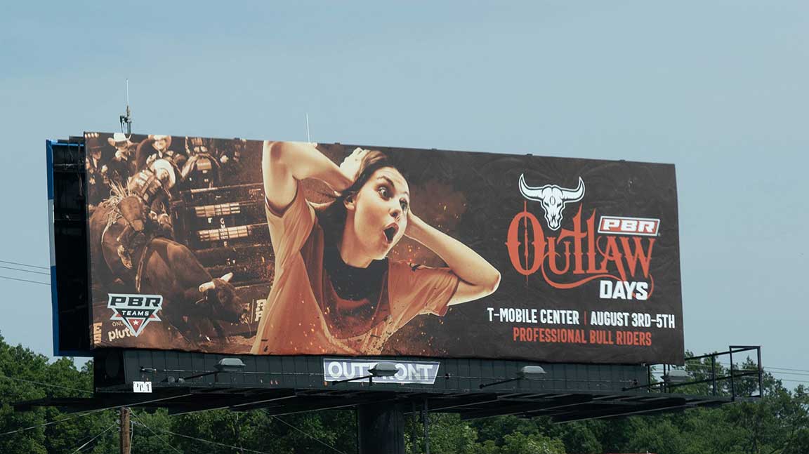 PBR Teams billboard in Kansas City with mind blown woman