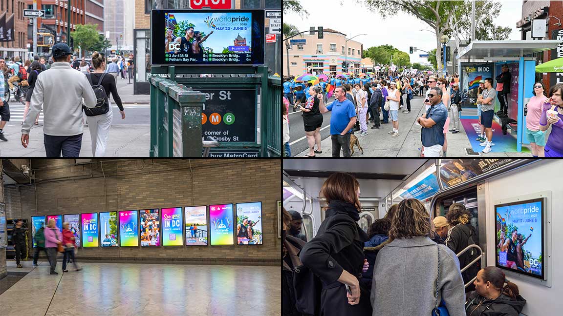 Composite of Destination DC OOH ads in New York, Los Angeles, and San Francisco