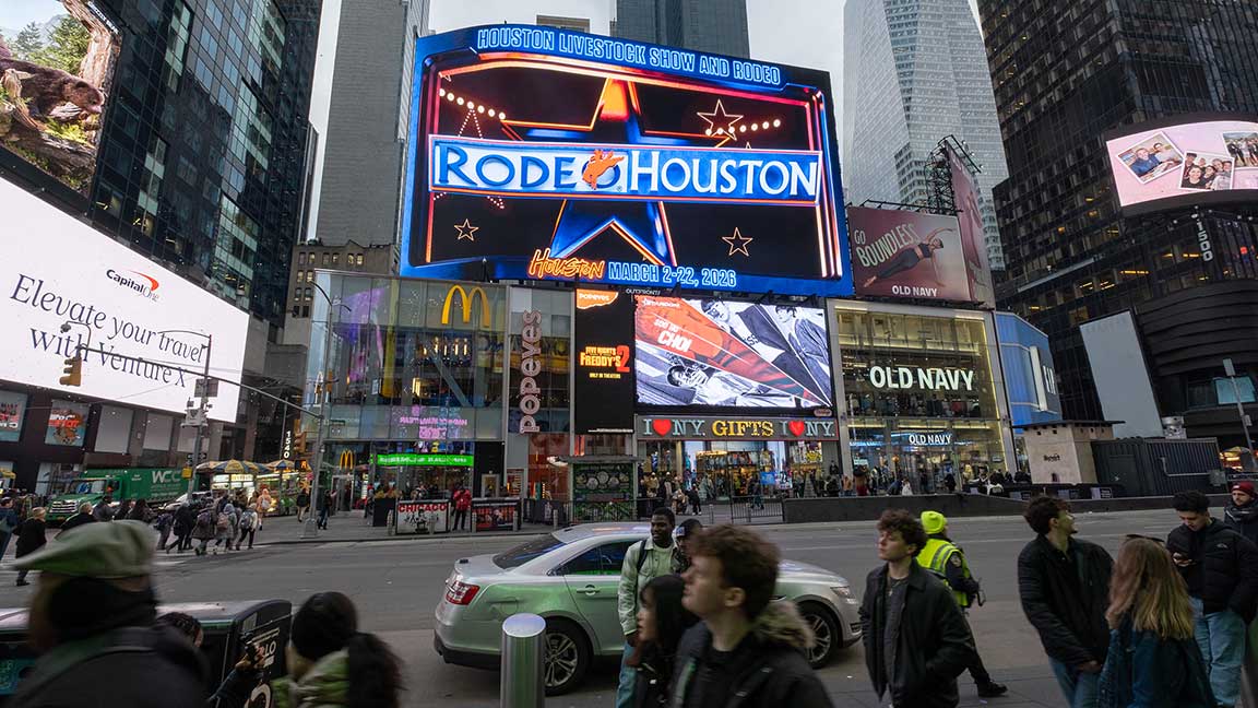 RODEOHOUSTON digital out of home ad in Times Square, New York City, with 3D anamorphic creative