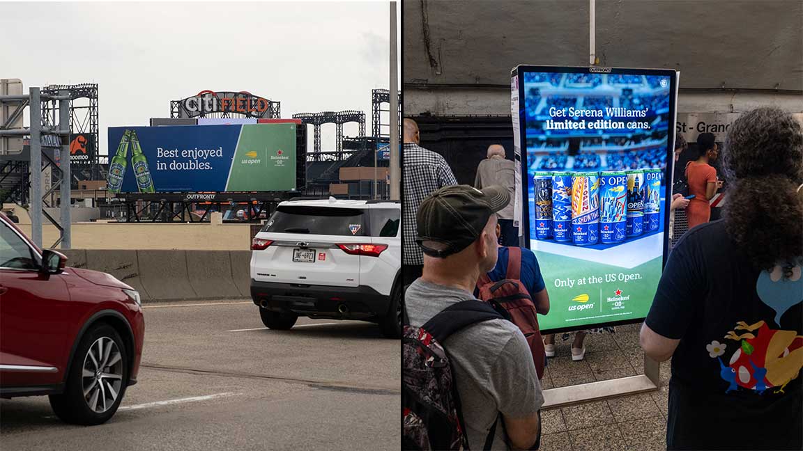 Heineken IRL ads on roadside billboard in Queens and Subway digital Liveboard