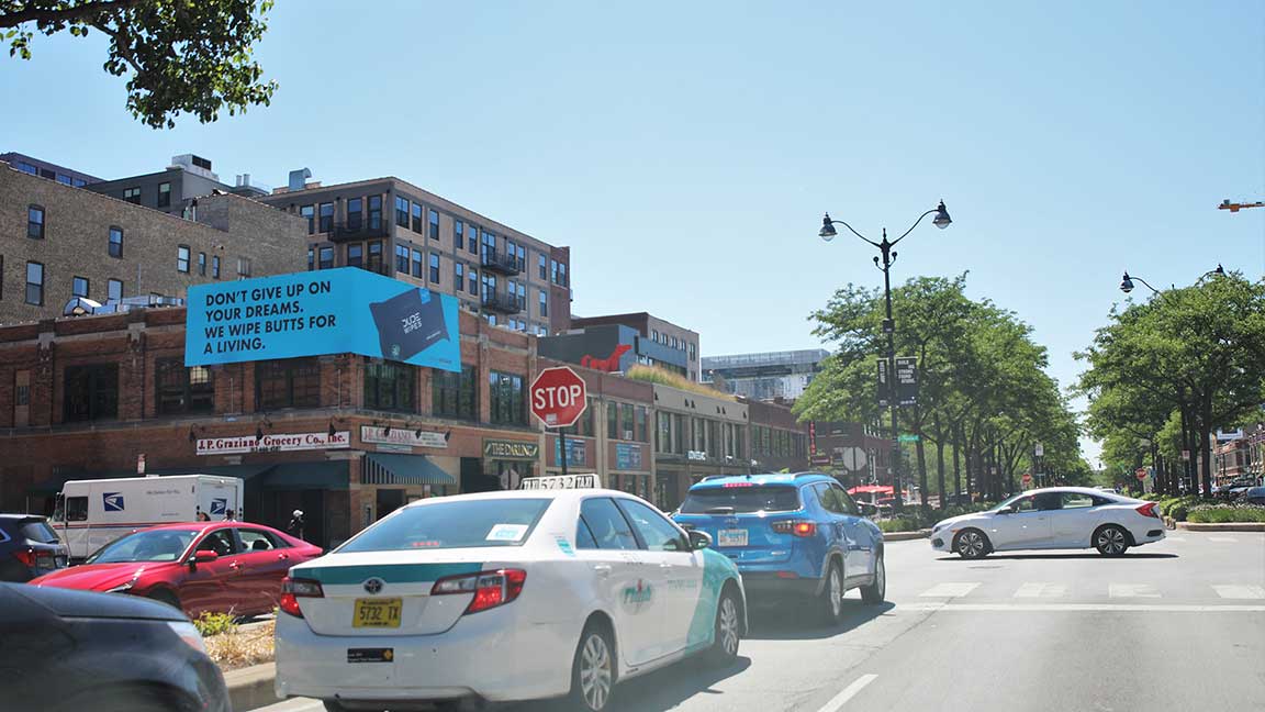 Wallscape billboard advertising for Dude Wipes in Chicago