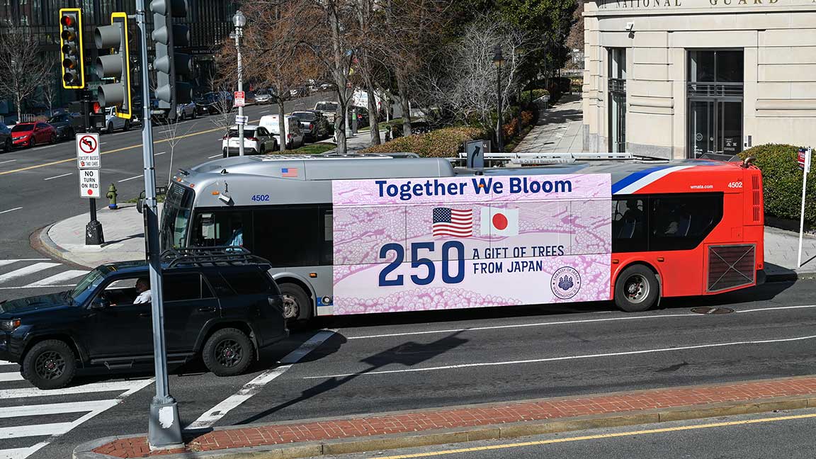 Japanese Embassy ad celebrating America250 on Washington, D.C. Metrobus Ultra Super King